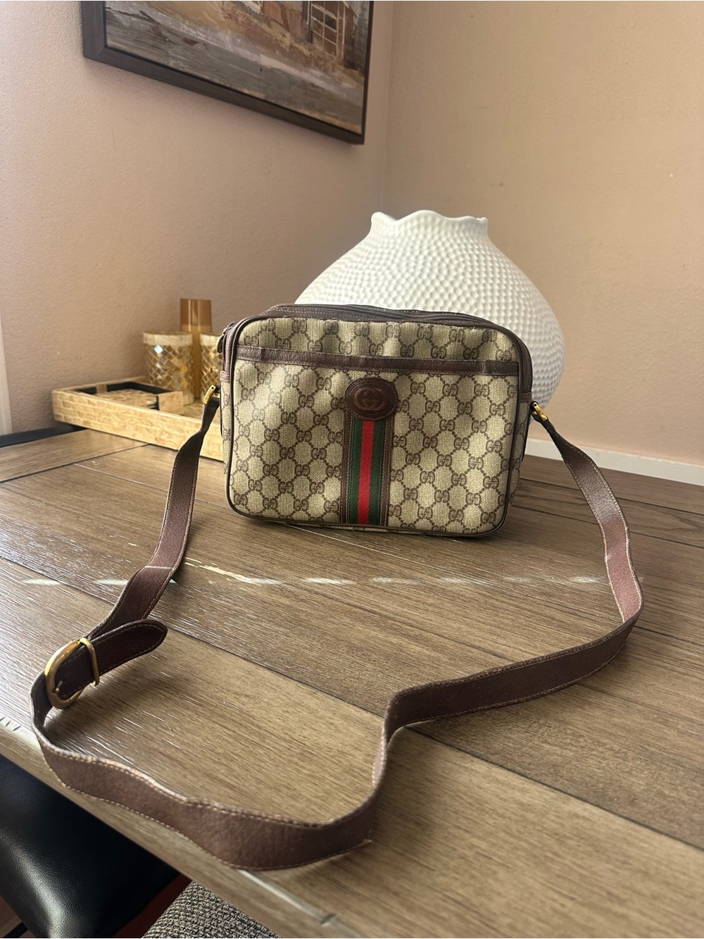 Gucci Beige GG Supreme Canvas Messenger Bag with Brown Strap and Green-Red Web